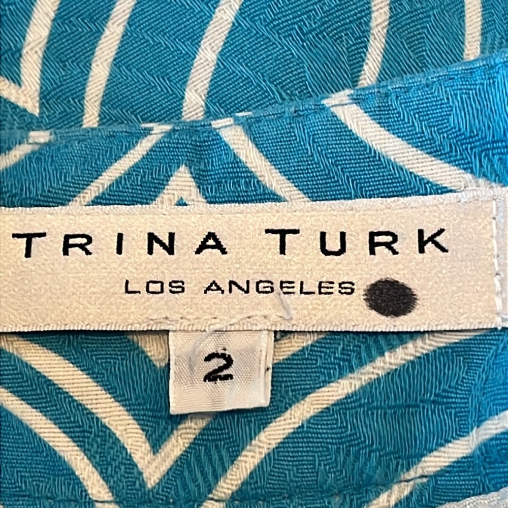 Trina Turk Cotton Mini Skirt Size 2 Turquoise Geometric Print Pockets - Picture 2 of 13